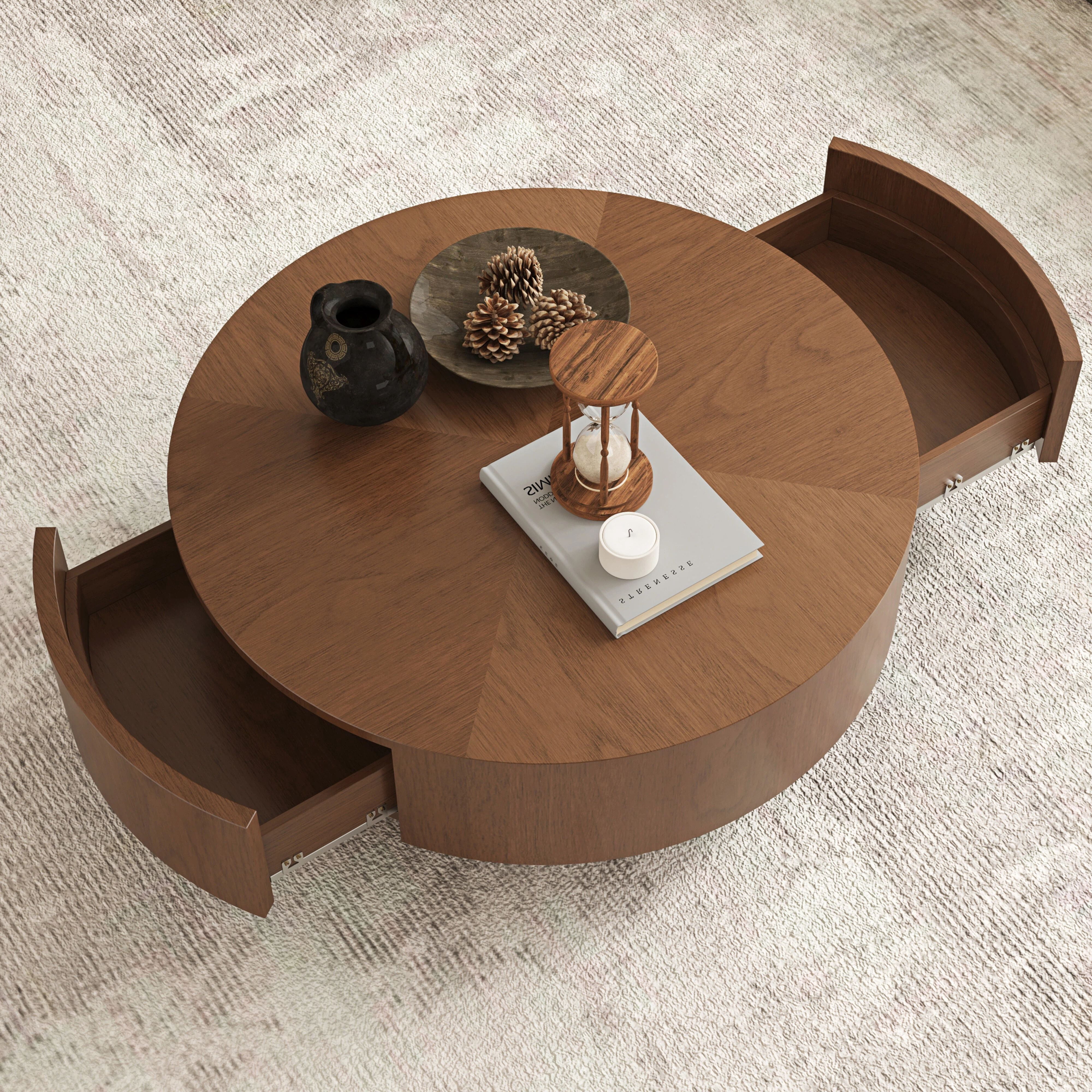 Euroco 35.43" Round Coffee Table with Storage Drawer, Mid-Century Modern Center Table with Sphere Base Legs for Living Room,Walnut