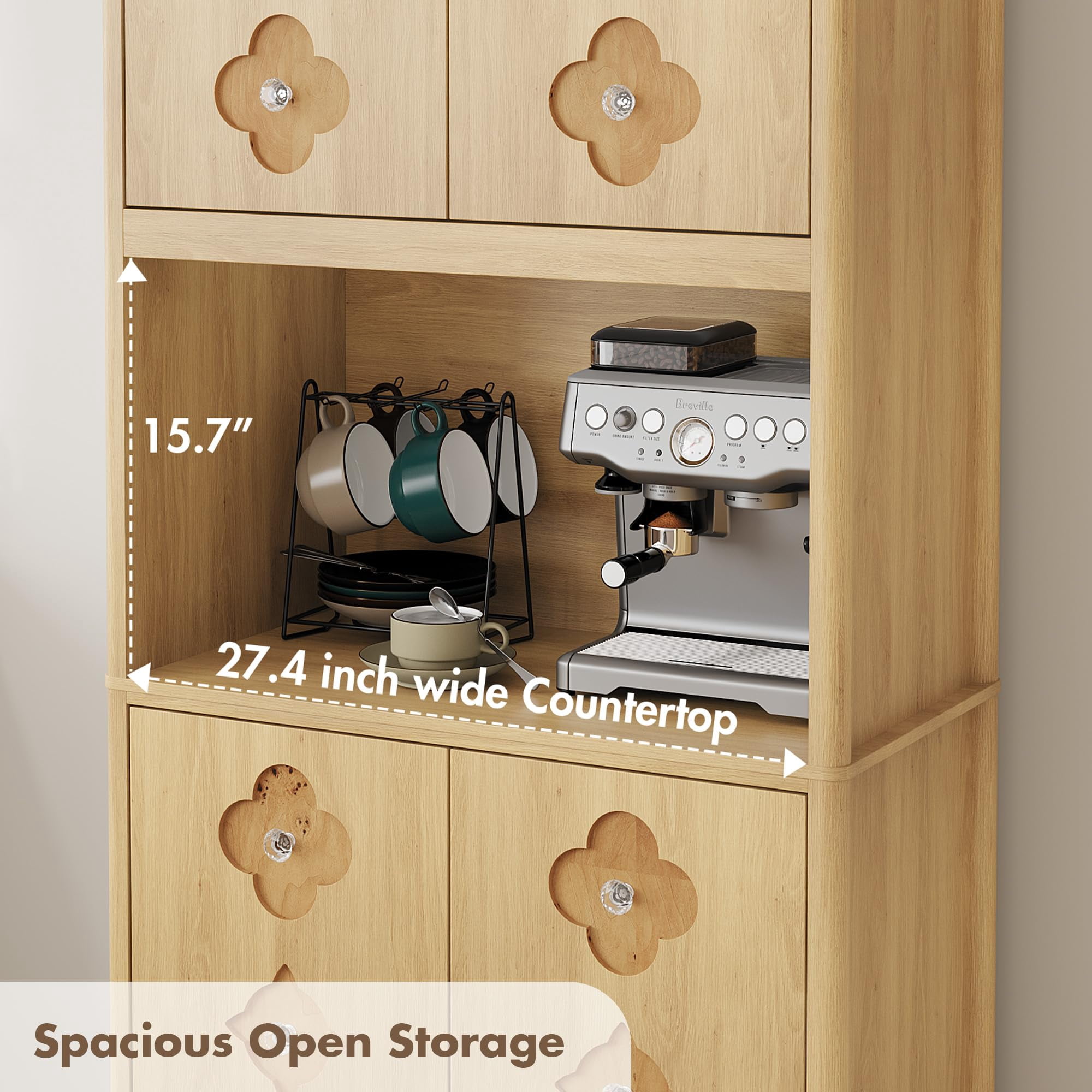 Kitchen Pantry Cabinet, 72" Tall Storage Cabinet with Countertop, Freestanding Wooden Hutch Cupboard with Carved Door & Crystal Handle, for Dining Room, Living Room
