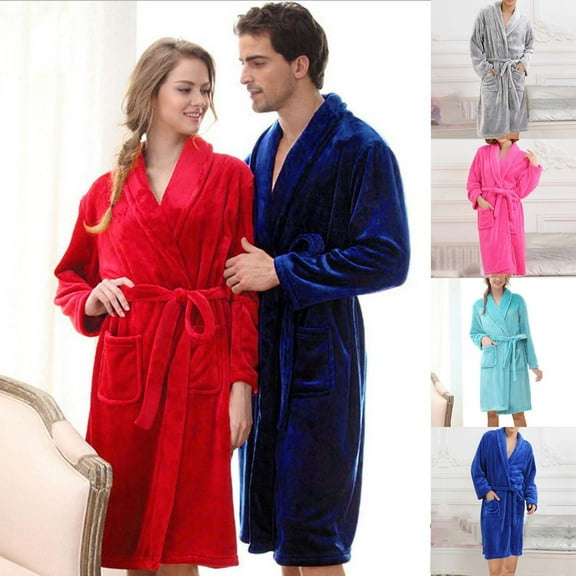 Aboser Mens Womens Bathrobes Winter Flannel Robes with Pockets Thermal Soft Pajamas for Couples Fuzzy Fleece Plush Sleepwear Shawl Collar Long Bathtobe Hot Pink M