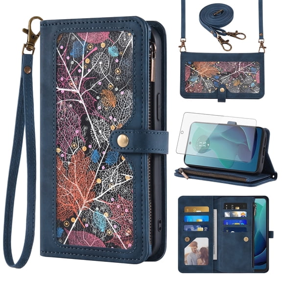 Asuwish Phone Case for Motorola Moto G 5G 2024 Wallet Cover With Tempered Glass Screen Protector Crossbody Wrist Strap Flip Pattern Zipper Credit Card Holder Stand Slot Cell G5G 5 G G5 Women Men Blue