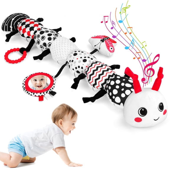 Meottam Musical Stuffed Caterpillar Soft Plush Toys for Baby 0-12 Months, Upgraded Tummy Time High Contrast Sensory Toys W/Rattle Mirror, Christmas Birthday Gifts for (Black/White)