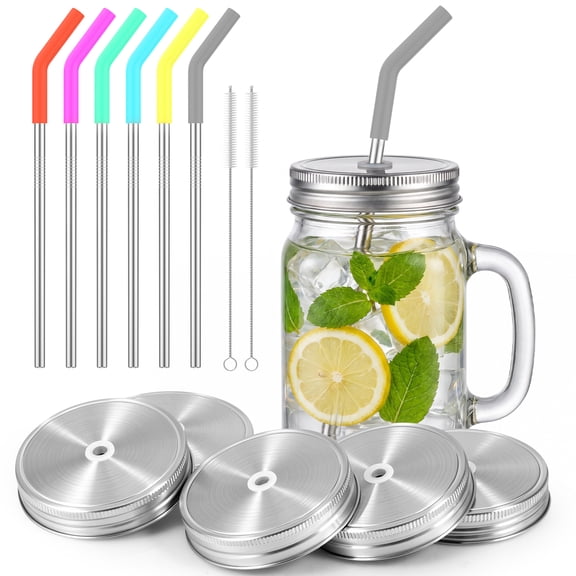 6 PCS Stainless Steel Mason Jar Lid with Straw Hole Reusable Wide Mouth Mason Jar Lid with 6Pcs Straw and 2Pcs Cleaning Brush for Juice Milk Tea