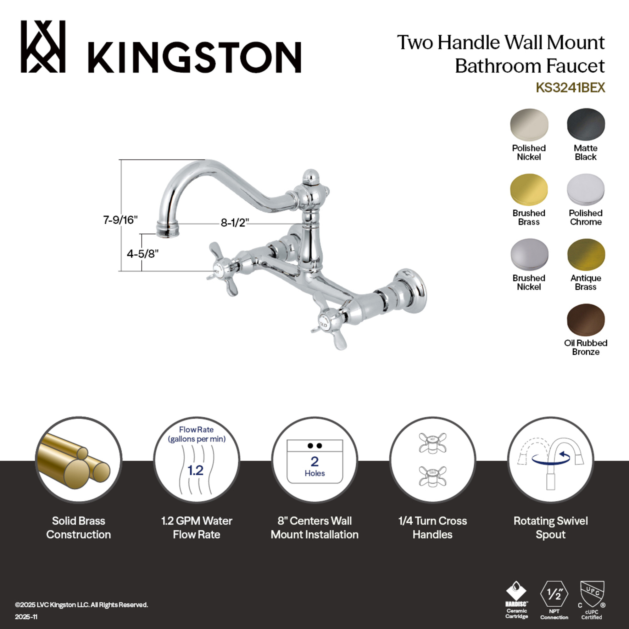 Kingston Brass KS3243BEX Essex Double-Handle Wall Mount Bathroom Faucet, Antique Brass