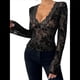 thumbnail image 2 of Blusa de Larga con Cuello Redondo y Encaje de con Bordado Floral para Mujer Negro XL, 2 of 6