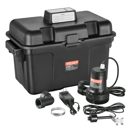 VEVOR Basement Emergency Back-Up Sump Pump, 2000GPH 0.17 HP Backup Sump Pump System, with 15V Adapter, Float Switch, 24-Hour-a-Day Monitoring Controller, Alerts, and Charger, Black