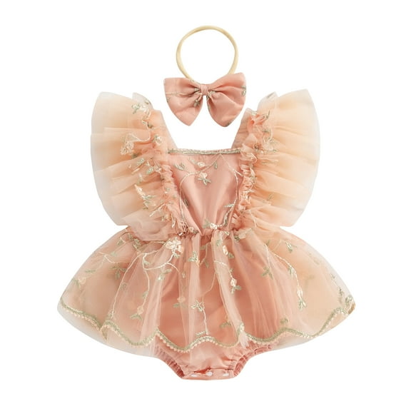 Suealasg Baby Girl Birthday Outfit Fly Sleeve Square-Neck Floral Embroidery Tulle Romper Dress with Bow Headband Summer Photoshoot Dress Clothes