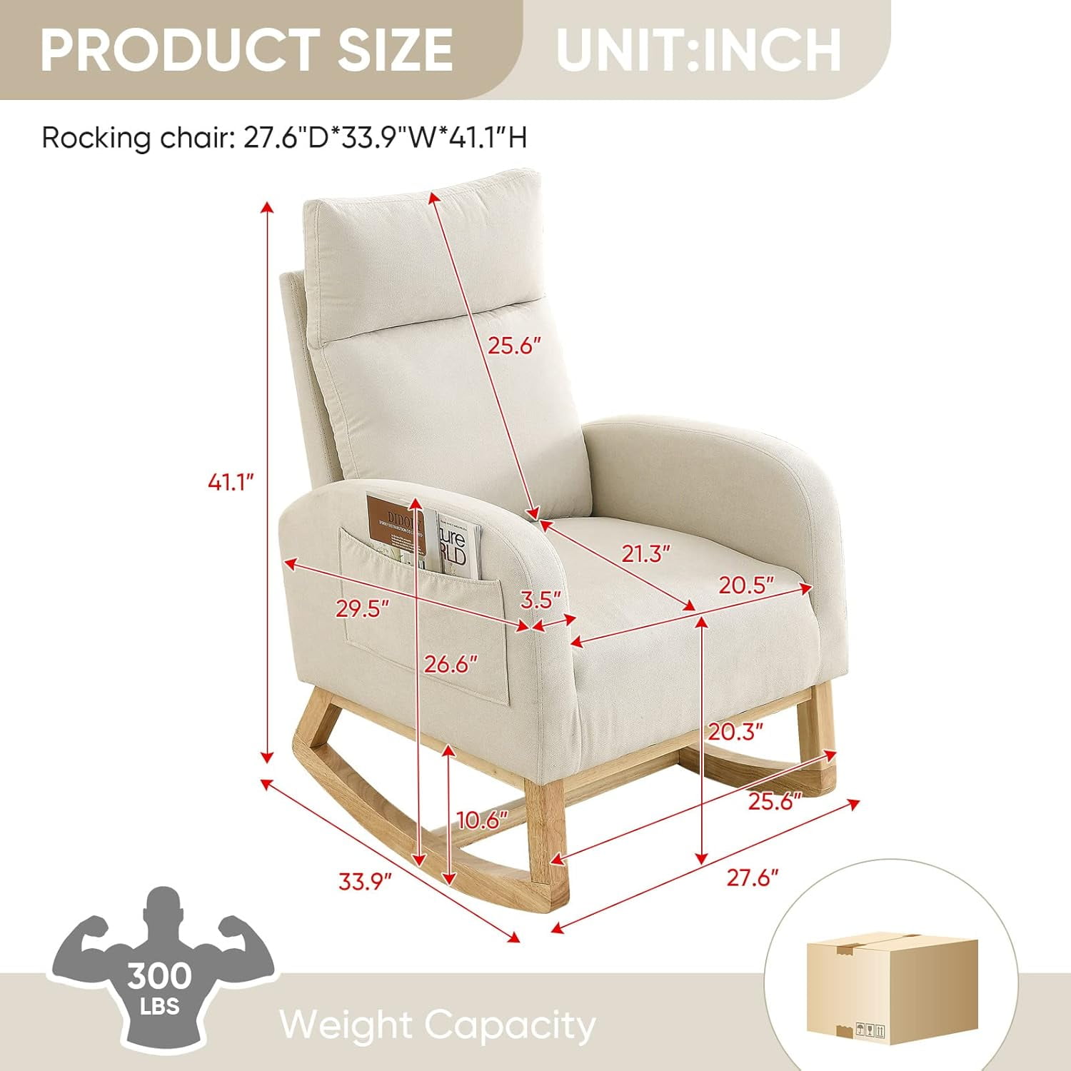 Nursery Rocking Glider Chair, Modern Fabric Tall Back Accent Rocker Chair Upholstered Arm Chair w/Side Pockets, Modern Leisure Single Sofa for Living Room, Hotel, Bedroom, Office, Grey