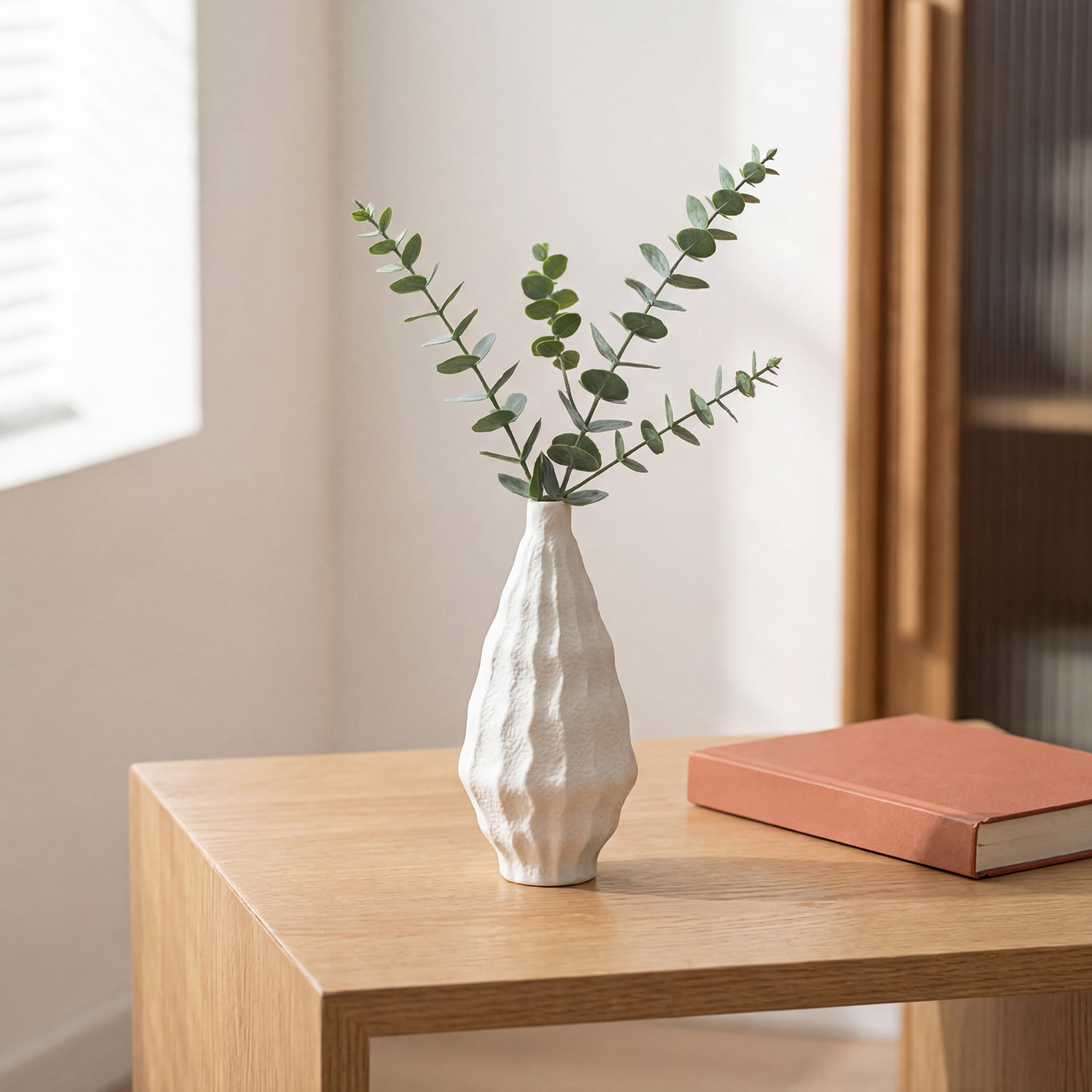 Unique Bargains Matte Chubby Bud Flower Vase with Wide Opening Ribbed Decorative White