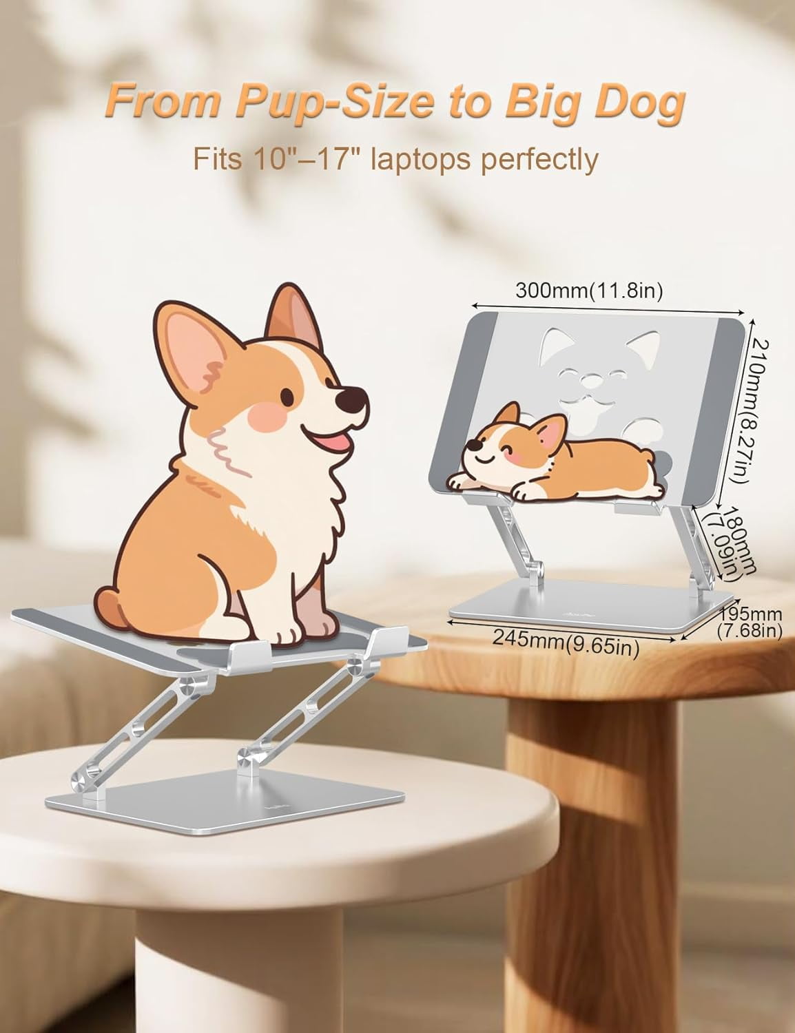 Laptop Stand for Desk-Adjustable, Foldable, Portable, Ergonomic Aluminum Notebook Riser with Unique Puppy Cooling Vent, Desk Gift for 10"-17.3" Devices Mac, Dell, HP, Lenovo, Samsung, Silver