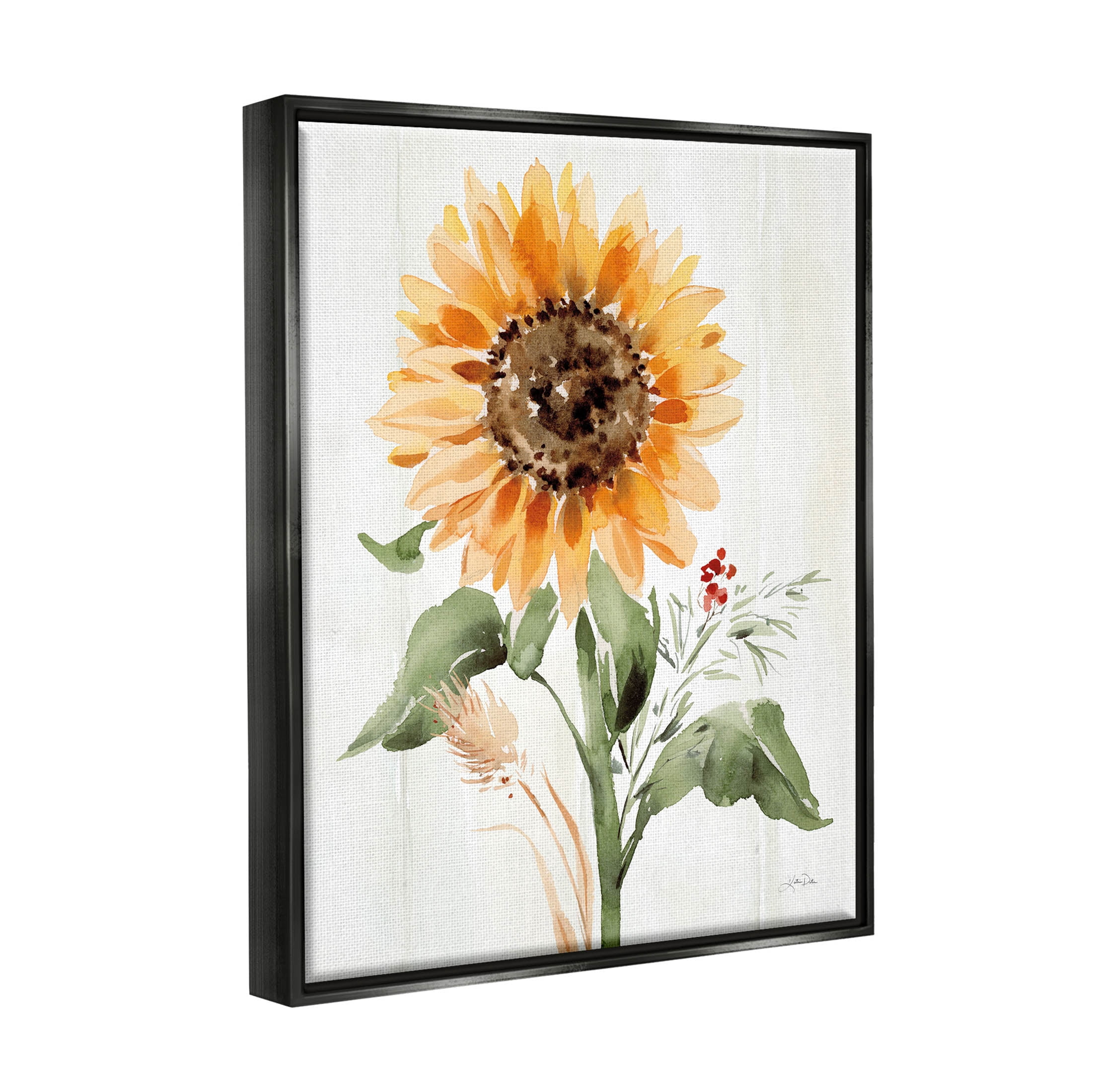 Stupell Industries Country Sunflower Botanicals Graphic Art Jet Black Floating Framed Canvas Print Wall Art, Design by Katrina Pete