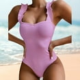 thumbnail image 3 of Fairnull Square Collar Backless Ribbed Women Monokini Ruffle Shoulder Straps Solid Color One-piece Bikini Beachwear, 3 of 7