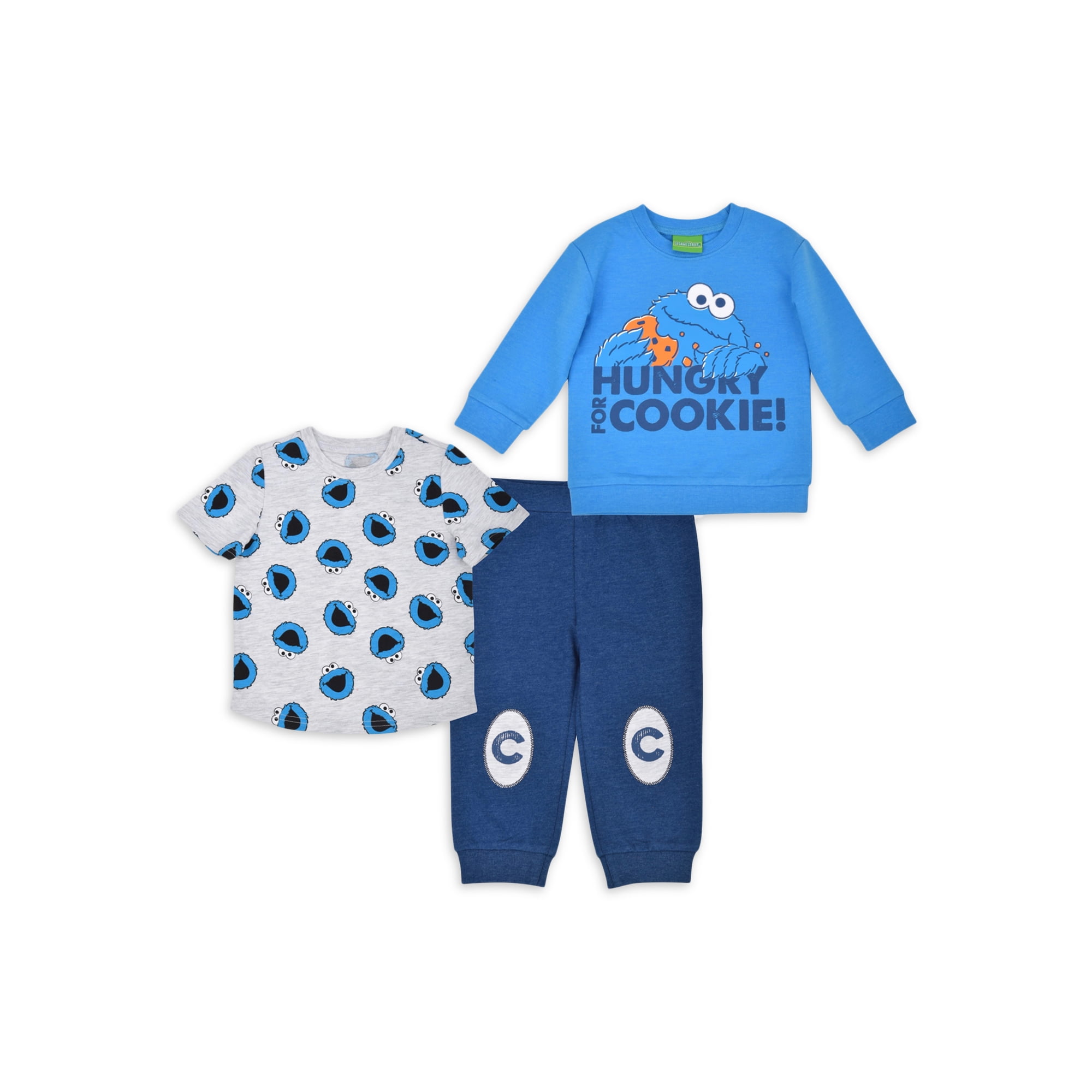 Sesame Street Baby BoyOutfit Set Fleece Long Sleeve Crew, T-Shirt, and Pants, 3pc