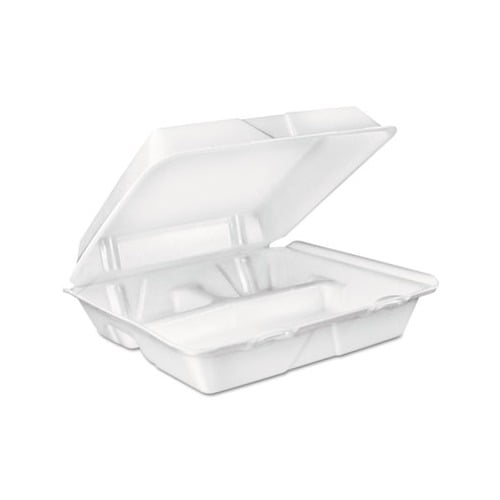 Dart 3-Compartment Large Foam Take-Out Container, 9"x9", White (100 Pack)