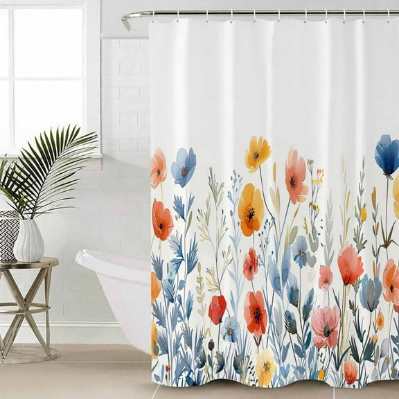 Spring Floral Bathroom Curtain 78 Inch Shower Curtain with Hooks, Watercolor Elegant Summer Botanical Waterproof Polyester Bath Curtain Washable Bathtub Curtain 54''x 78''