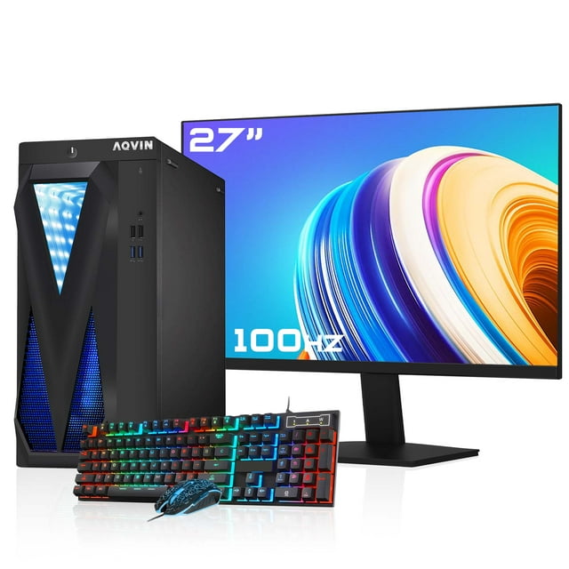 AQVIN PC de Jeu RVB Ordinateur de Bureau - AMD Radeon RX 550 4 Go GDDR5 Processeur Intel Core i7 16 Go RAM 512 Go SSD Windows 11 Pro Moniteur FHD 27 Pouces (Remis à Neuf)