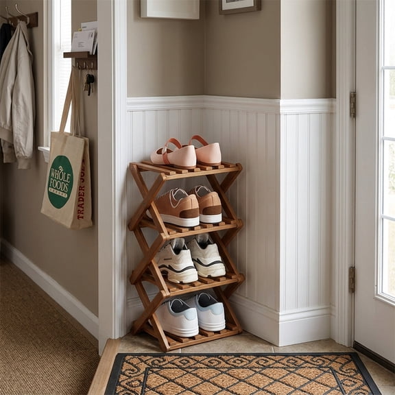 SHIBAILI 4-Tier Bamboo Folding Shoe Rack - No Assembly, Space-Saving(Tawny)