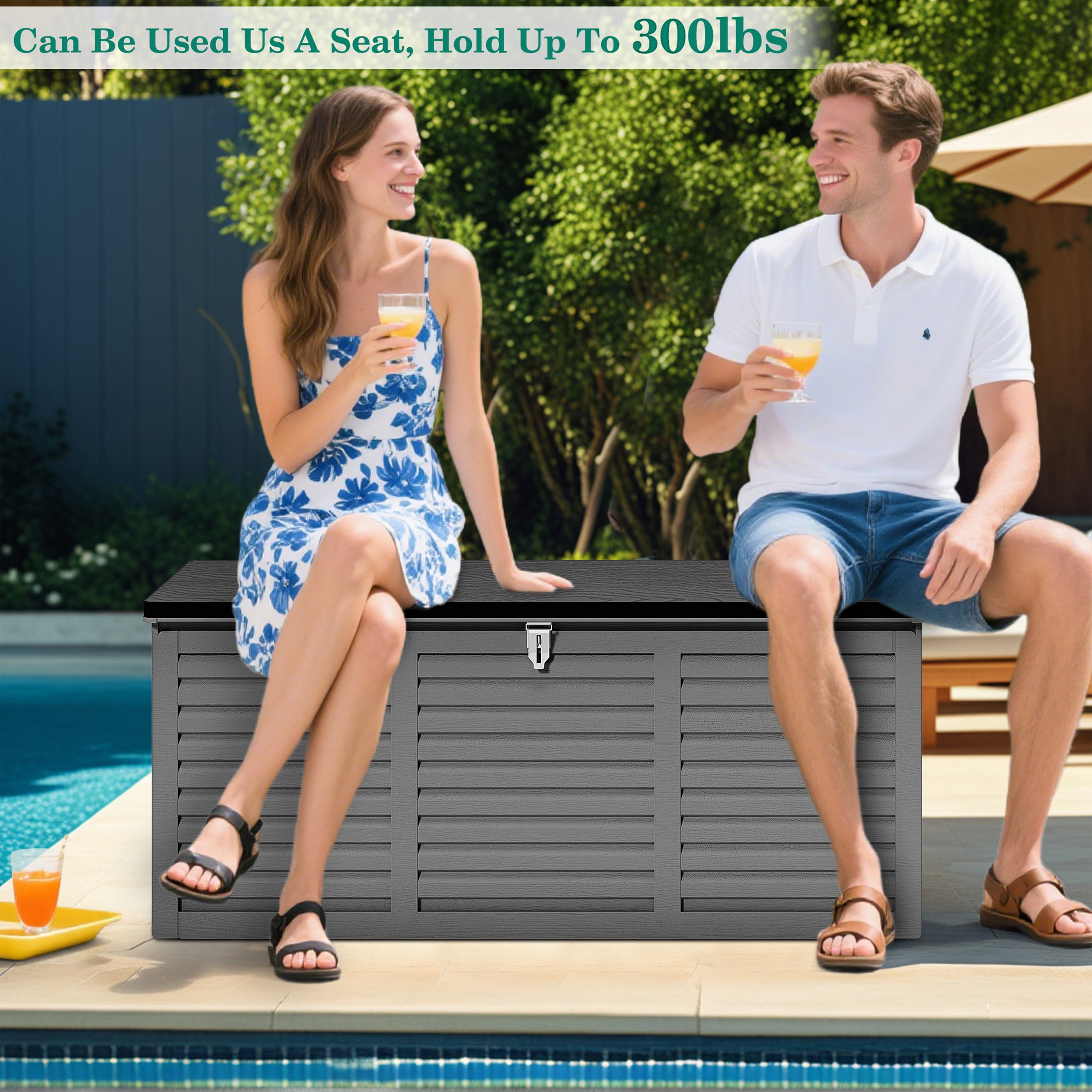 130 Gallon Resin Deck Box, Outdoor Lockable Storage Container for Patio Cushions, Garden Tools, Pool Supplies, Toys, Water Resistant and UV Resistant, Reinforced Rib Design, Gray