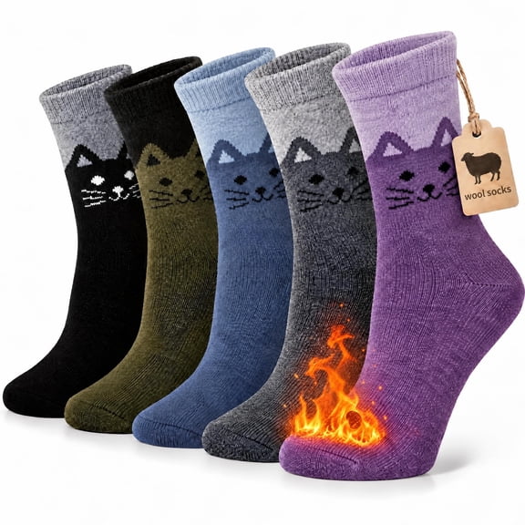 Loritta 5 Pairs Women's Cute Wool Crew Socks Cozy Fuzzy Warm Winter Socks with Fun Patterns, Gift Idea, Size 5-9
