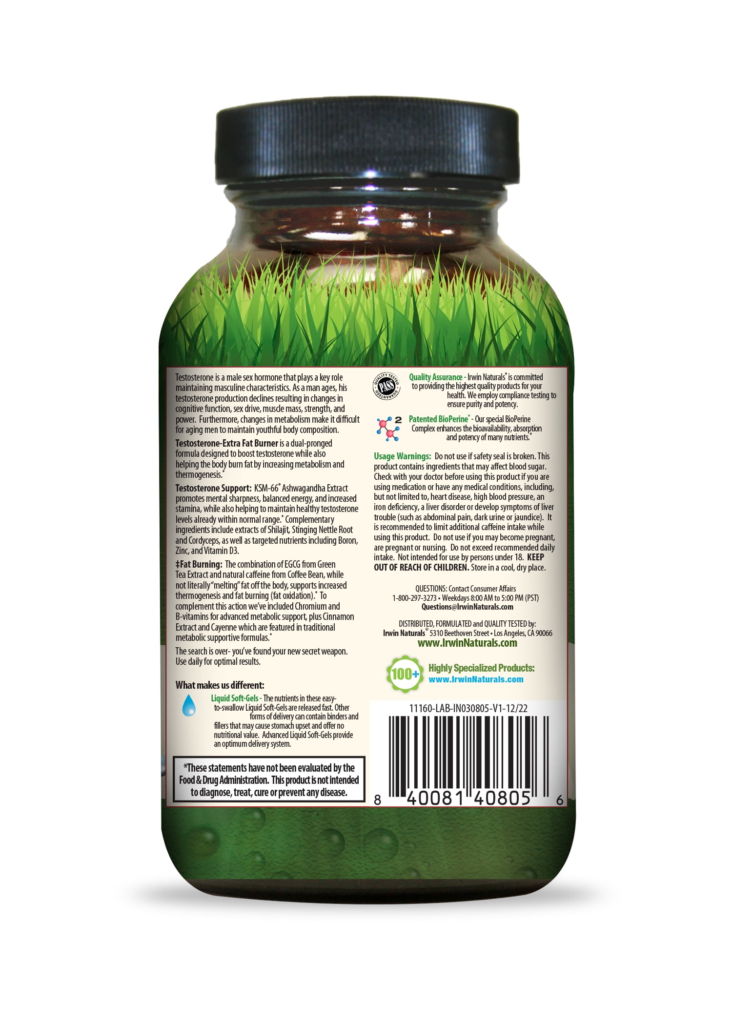 Irwin Naturals Testosterone-Extra Fat Burner, 56 Soft Gels for Males, Dietary Supplement