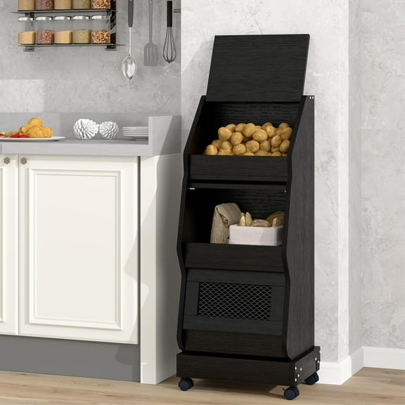 ARTETHYS  and Onion Storage Bin with Wheels Black Movable Bread Box with Lid Onion Organizer with Grocery Section Decorative Vegetable Organization Cabinet for Kitchen