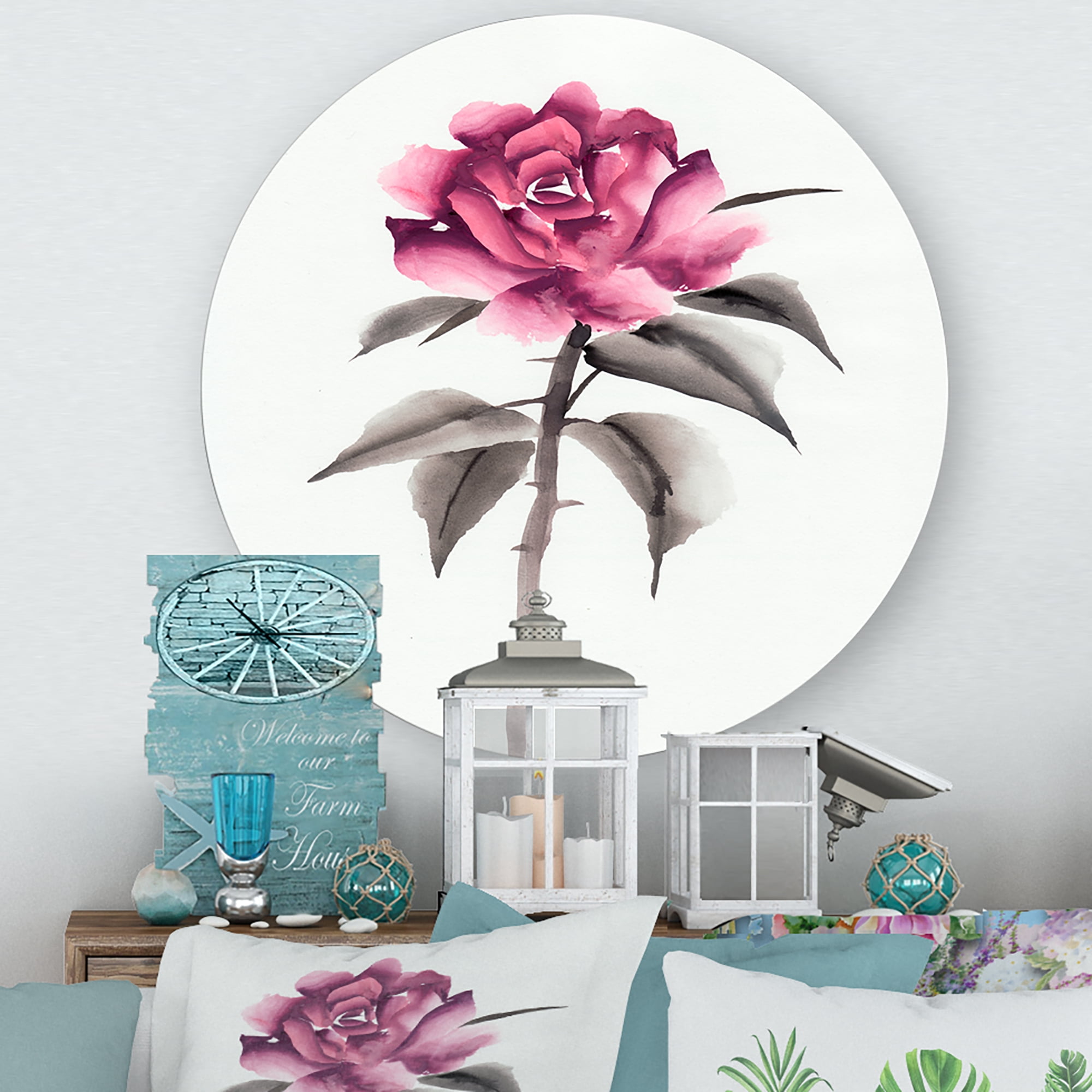 Designart 'Ancient Pink Rose Flower' Traditional Circle Metal Wall Art 11x11 - Disc of 11