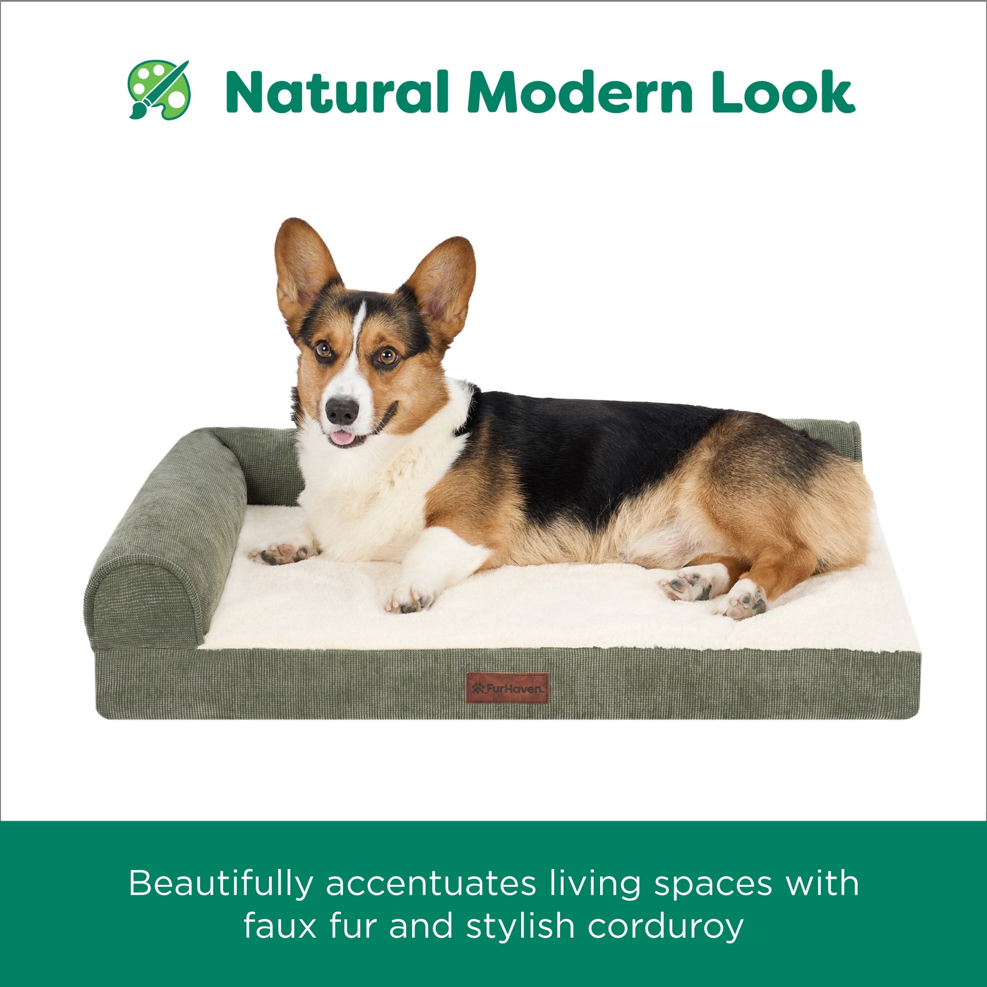 FurHaven Large (36"x27") Cooling Gel Dog Bed – Plush & Grid Cord L-Shaped Chaise Lounge Pet Bed, Removable Washable Cover, Olive