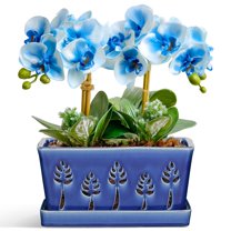 10 Inch Royal Blue Leaf Ceramic Orchid Pot with Slotted Holes and Tray, Rectangular Window Sill Planter for Indoor Plants, Decorative Floral Embossed Orchid Box for Root Ventilation, 2-Plant Capacity