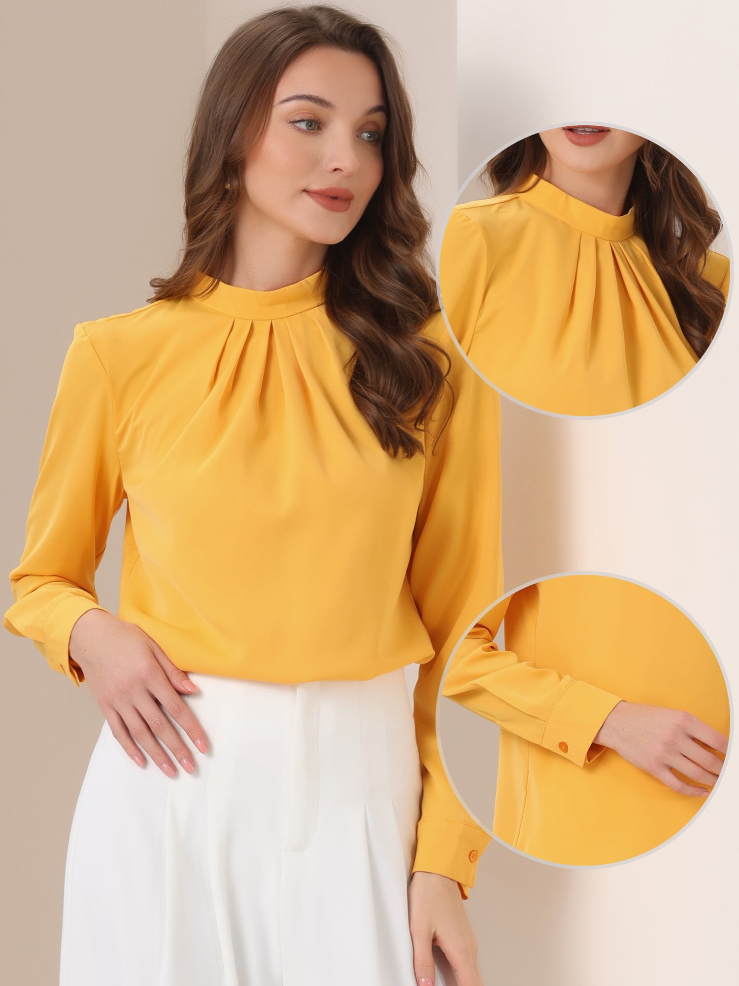 DARING DIVA Chiffon Blouse for Women's Long Sleeve Work Shirt M Yellow