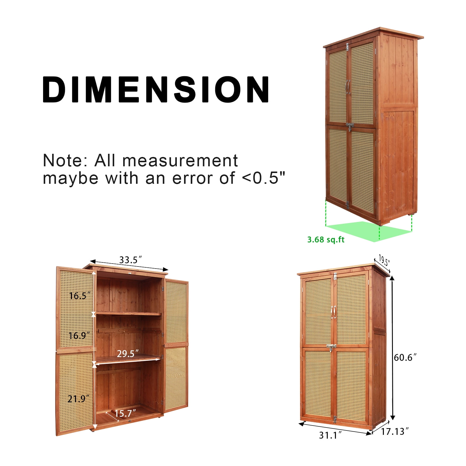 60.6" Storage Cabinet, Wooden Garden Shed with Rattan Doors & Waterproof Roof for Garden, Lawn, Patio - Brown