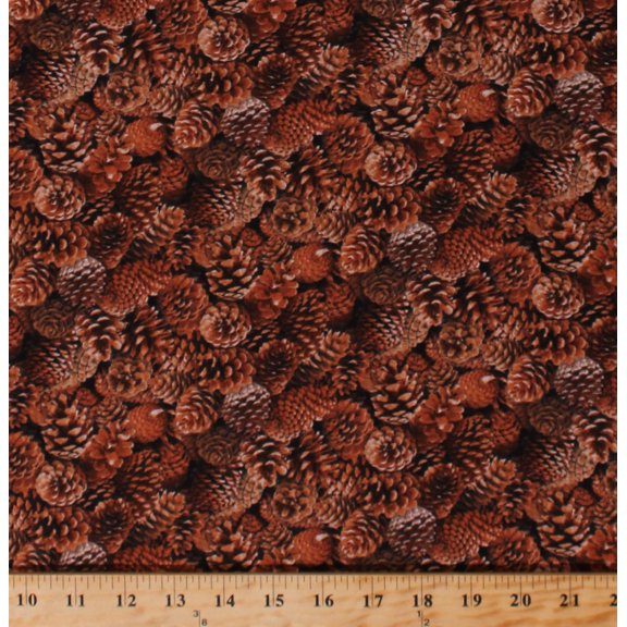 Cotton Landscape Medley Pinecones Pine Cones Fall Autumn Autumnal Allover on Brown Cotton Fabric Print by the Yard (454BROWN)