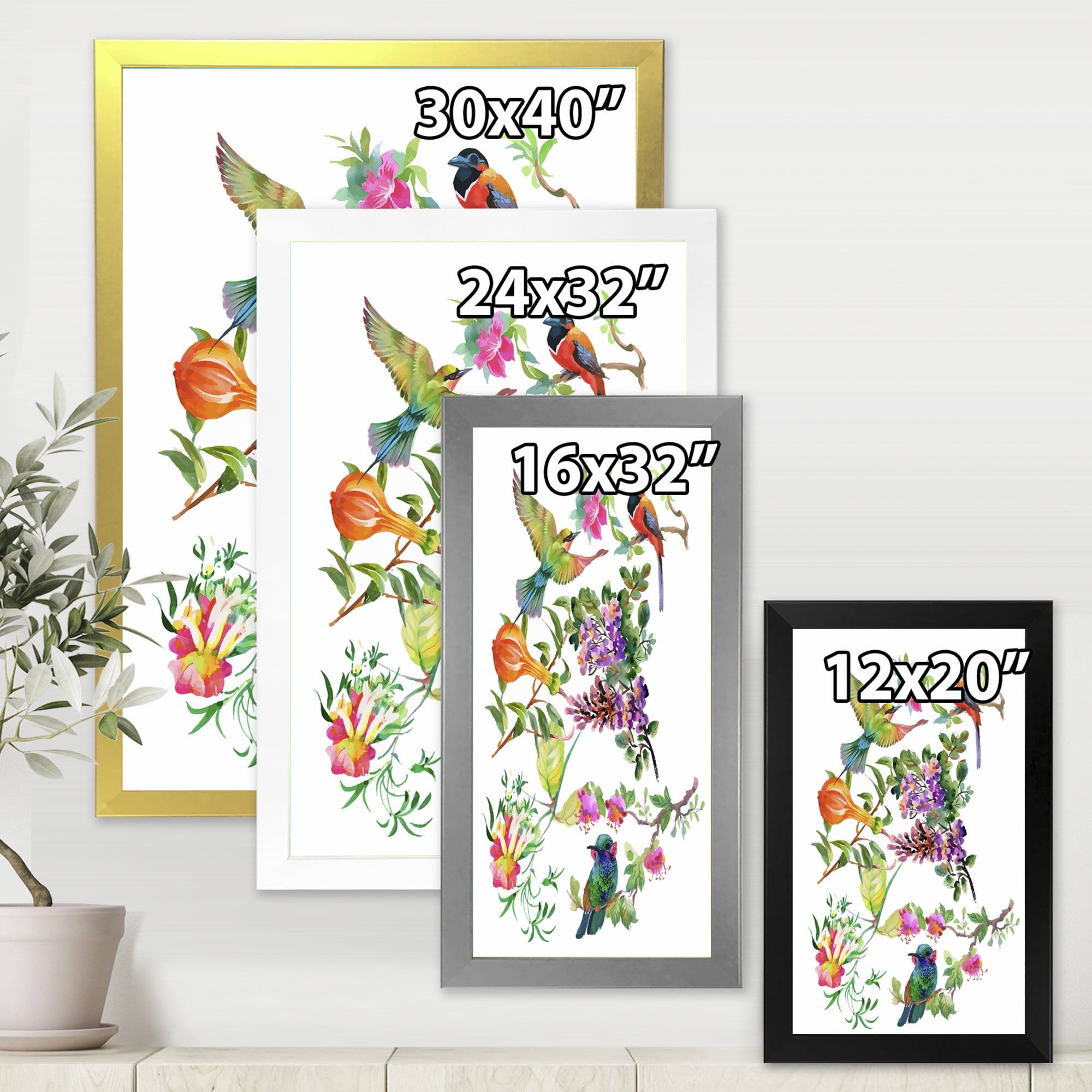 Designart 'Colourful Birds and Tropical Flowers II' Traditional Framed Art Print