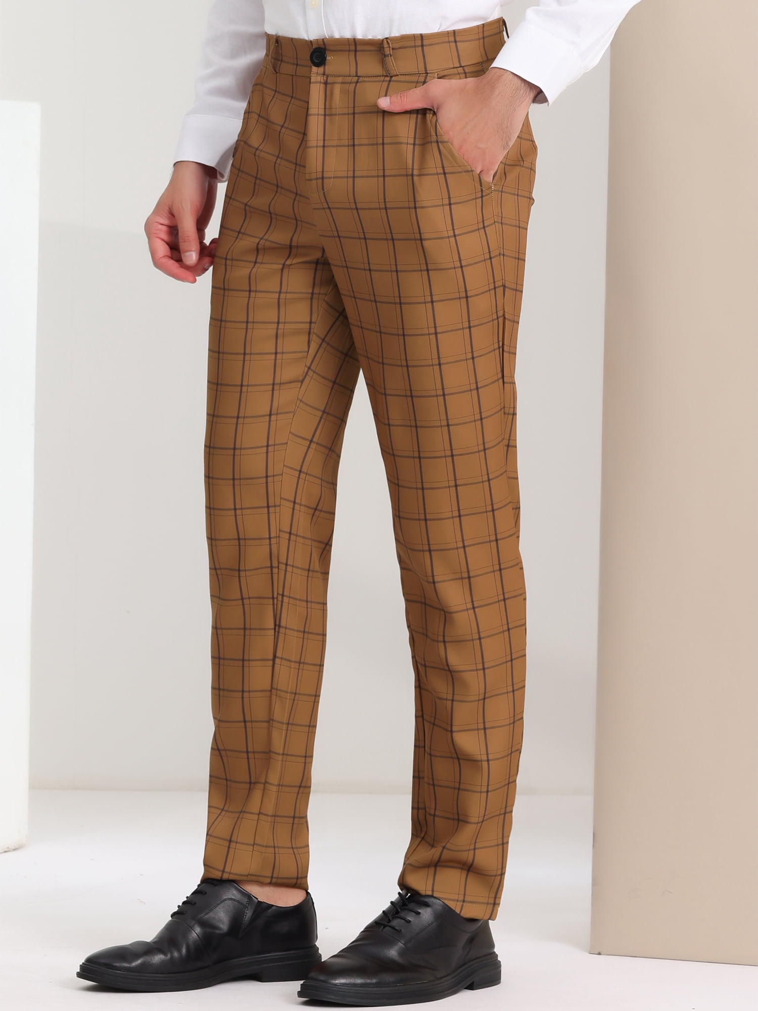 Unique Bargains Men's Dress Pants Slim Fit Checked Flat Front Business Plaid Formal Pants 30 Brown Black