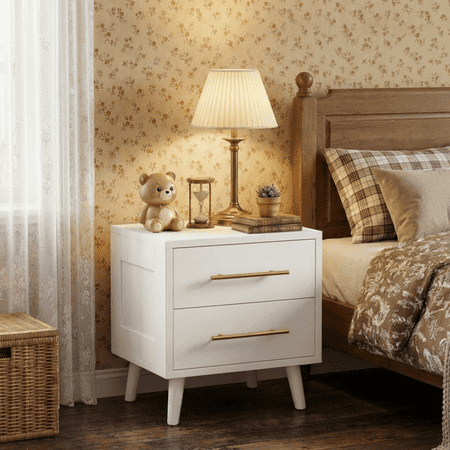 Nightstand for Bedroom, 20" Height Wooden Bedside Table with 2 Drawers, Gold Handles, Wide Storage Dresser for Bedroom, White
