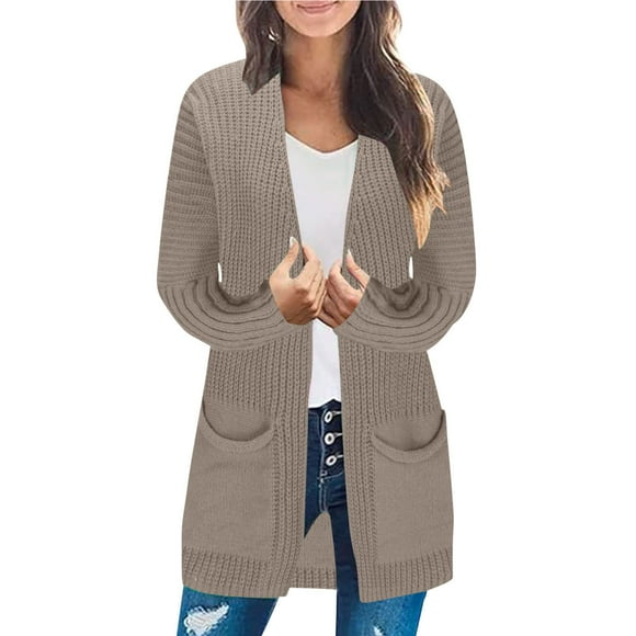 Swstbby Fall Savings Clearance! Womens Fall Jackets, Women's Solid Color Knitted Pocket Cardigan Loose Sweater Jacket Khaki S