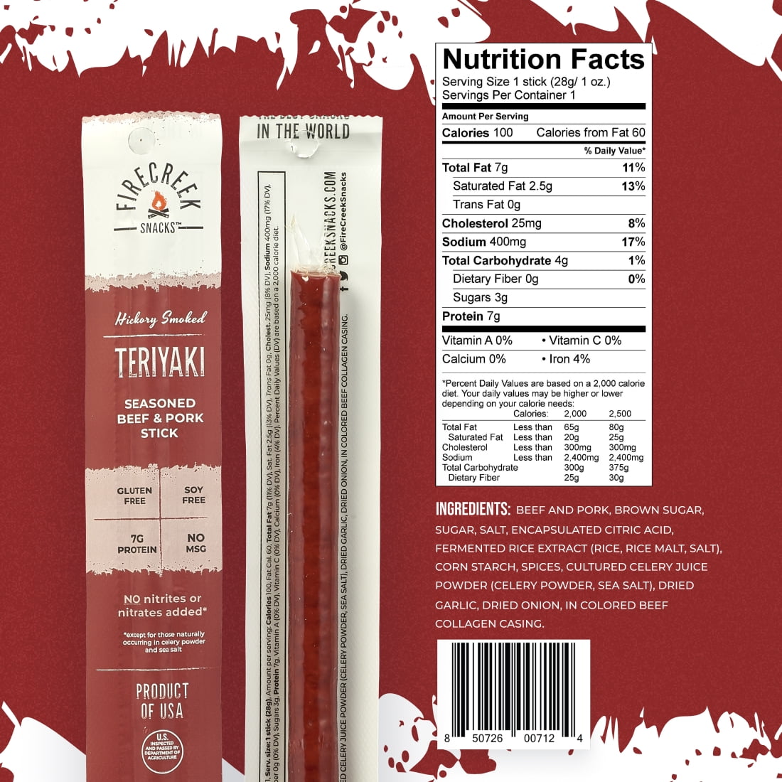 FireCreek Snacks Teriyaki Beef and Pork Meat Sticks, High Protein, Low Carb, Gluten Free (Box of 20 - 1oz Ea.)