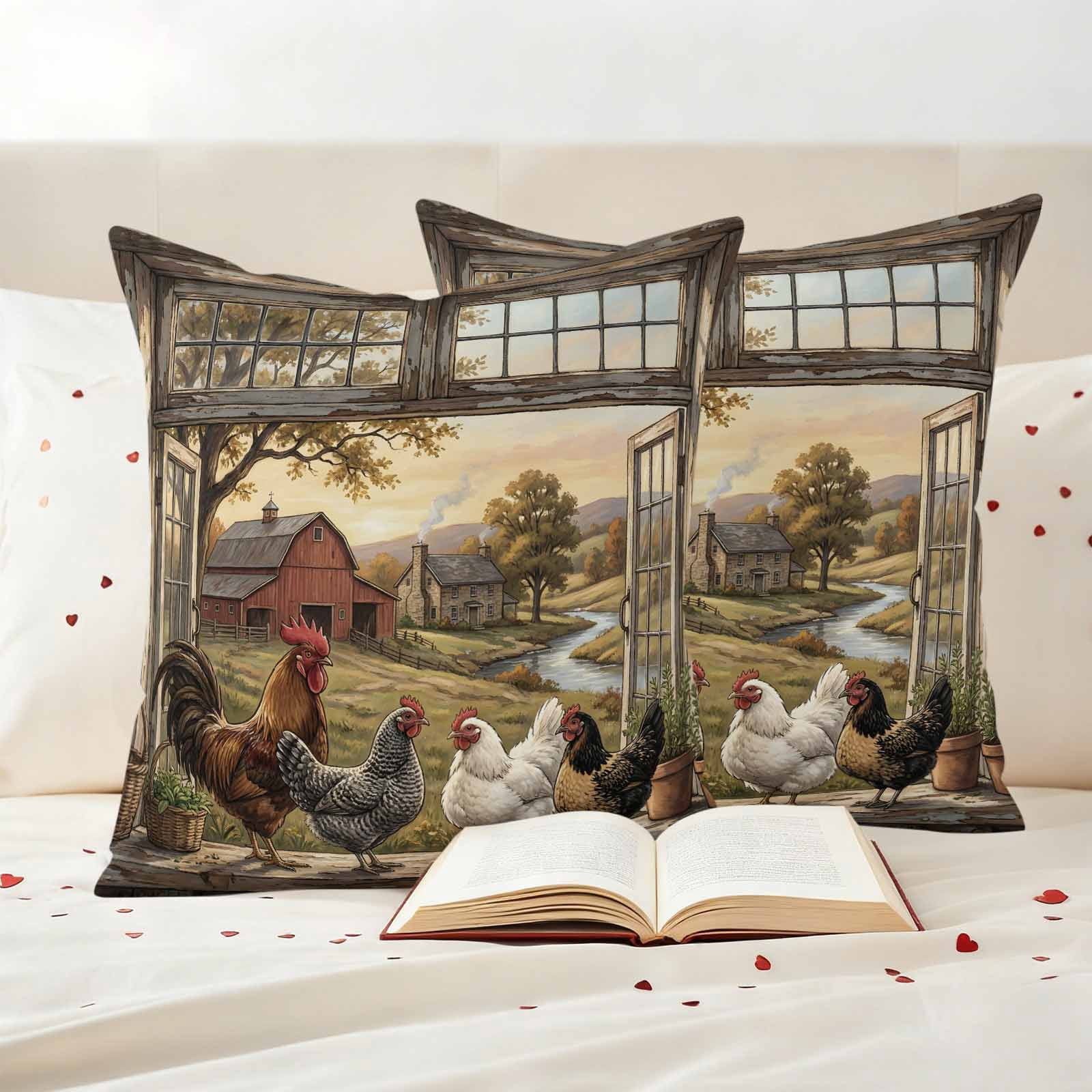 Farm Animals Pillow Covers 2 Pack Pastoral Landscape Farmhouse Rooster Hen Chicken Barn Pillowcase Waterproof Outdoor Throw Pillow Cover for Patio Garden Square Cushion 16”x16”