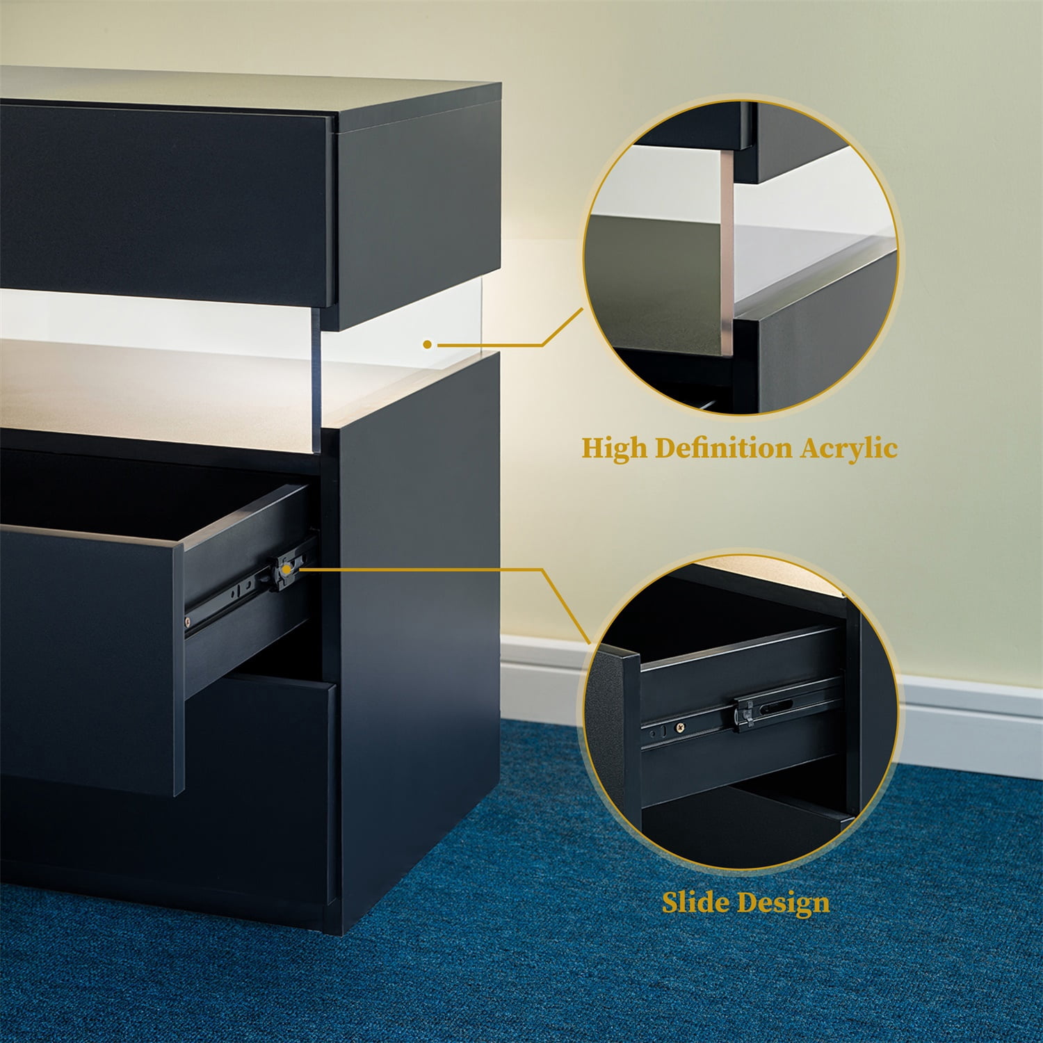 Hommoo 3 Drawer Dresser LED Nightstands, End Table Bedside Tables for Bedroom, Living Room, Black
