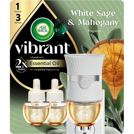 Vibrant Plug In Scented Oil Warmer + Refills, Infused with Essential Oils, Plug In Air Fresheners for Home, White Sage & Mahogany, Gadget + 3 ct