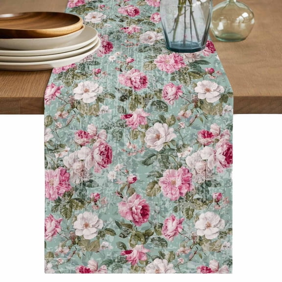 Table Runner 70 Inches Long for Kitchen Dining, Vintage Spring Floral Dresser Scarf Farmhouse, Dining Table Decorations for Wedding/Parties, Botanical Summer Pink Green 13 x 70 In