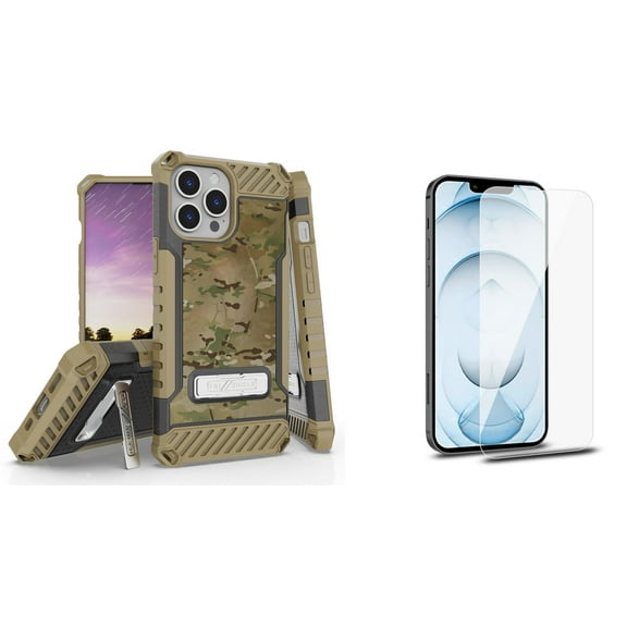 Bemz iPhone 13 Pro Max Bundle: Tri Shield Shockproof Armor Rugged Case (Brown Soldier Camo), Premium Glass Screen Protectors (2-Pack)