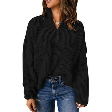 Women Pullover Sweater Zip Up High Collar Drop Shoulder Sleeves Pure Color Lady Knit Sweater for Fall Winter Black XL