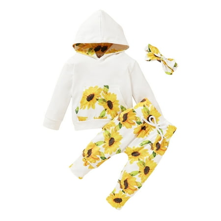 

KIMI BEAR Newborn Girls Outfits 6 Months Newborn Girls Autumn Winter Outfits 9 Months Newborn Girls Sweet Sunflower Print Hooded Long Sleeve Hoodie + Pants 2PCs Set White