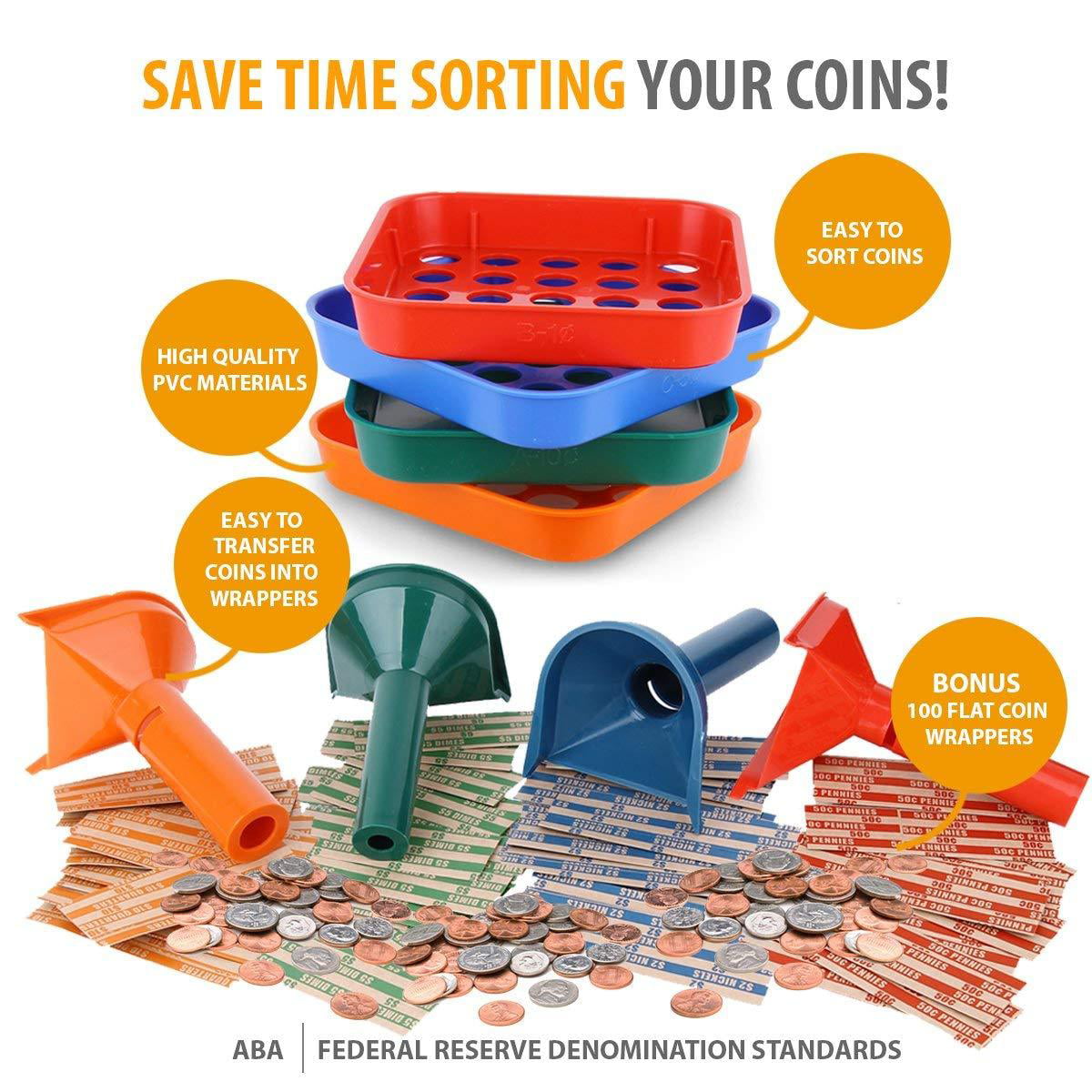 Buy Coin Counters Tubes & Coin Sorters Tray - 4 Color-Coded Coin ...