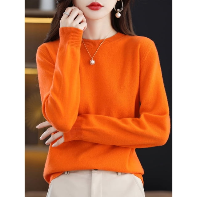 Suéter de lana 100 % merino de moda, jersey de cachemira, cuello redondo, manga larga, prendas de punto para mujer, ropa de otoño e invierno, tops Aliselect