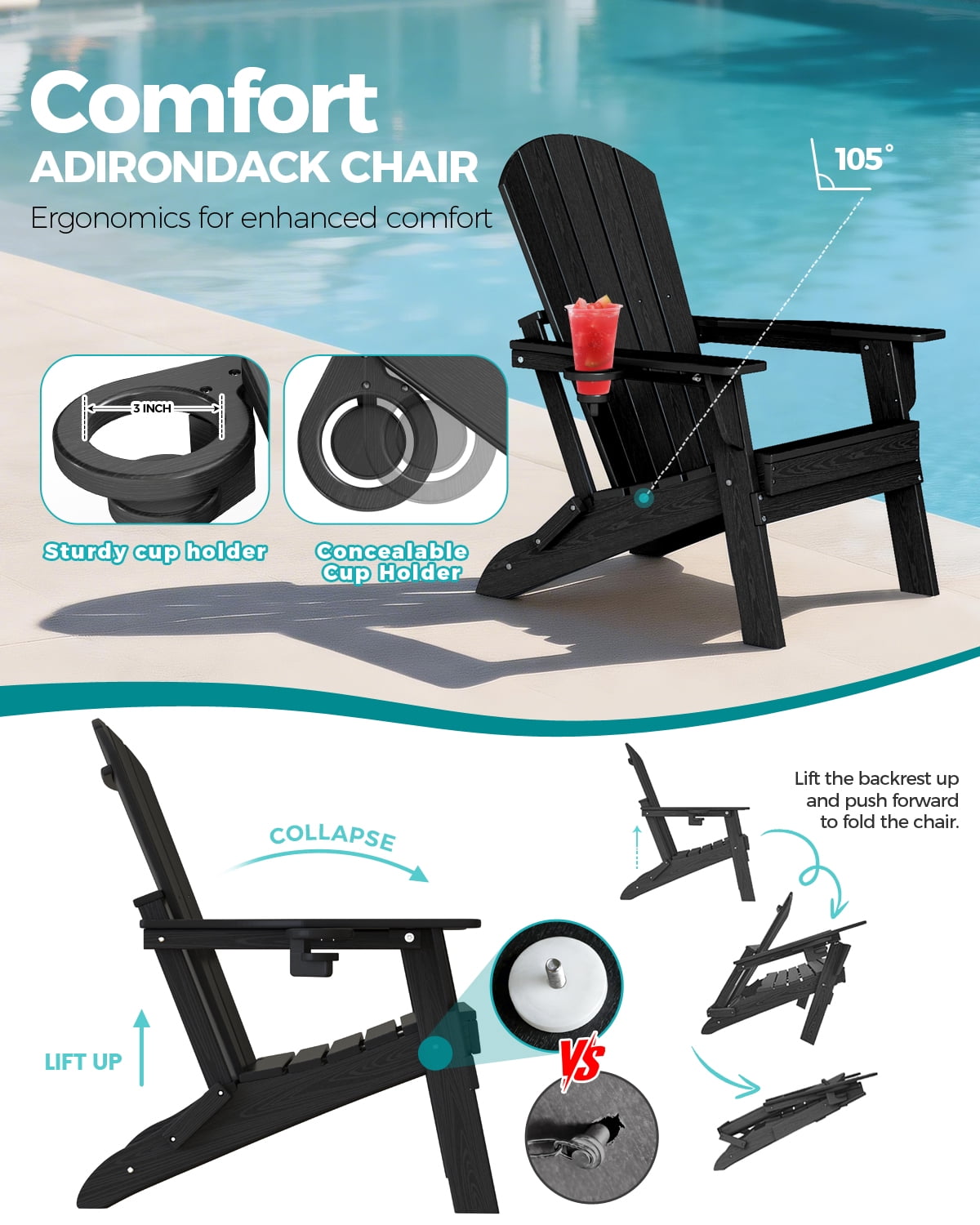 Cobiod Folding Adirondack Chair with Cup Holder, HDPE All-Weather Outdoor Patio Chair, Ergonomic Wood Grain Design for Backyard, Black