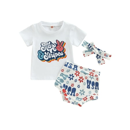 

Bagilaanoe Baby Girls 3PCS Shorts Set 6M 12M 18M 24M Short Sleeve Letter Crew Tees + High Waist Flower Triangle Short Pants + Headband