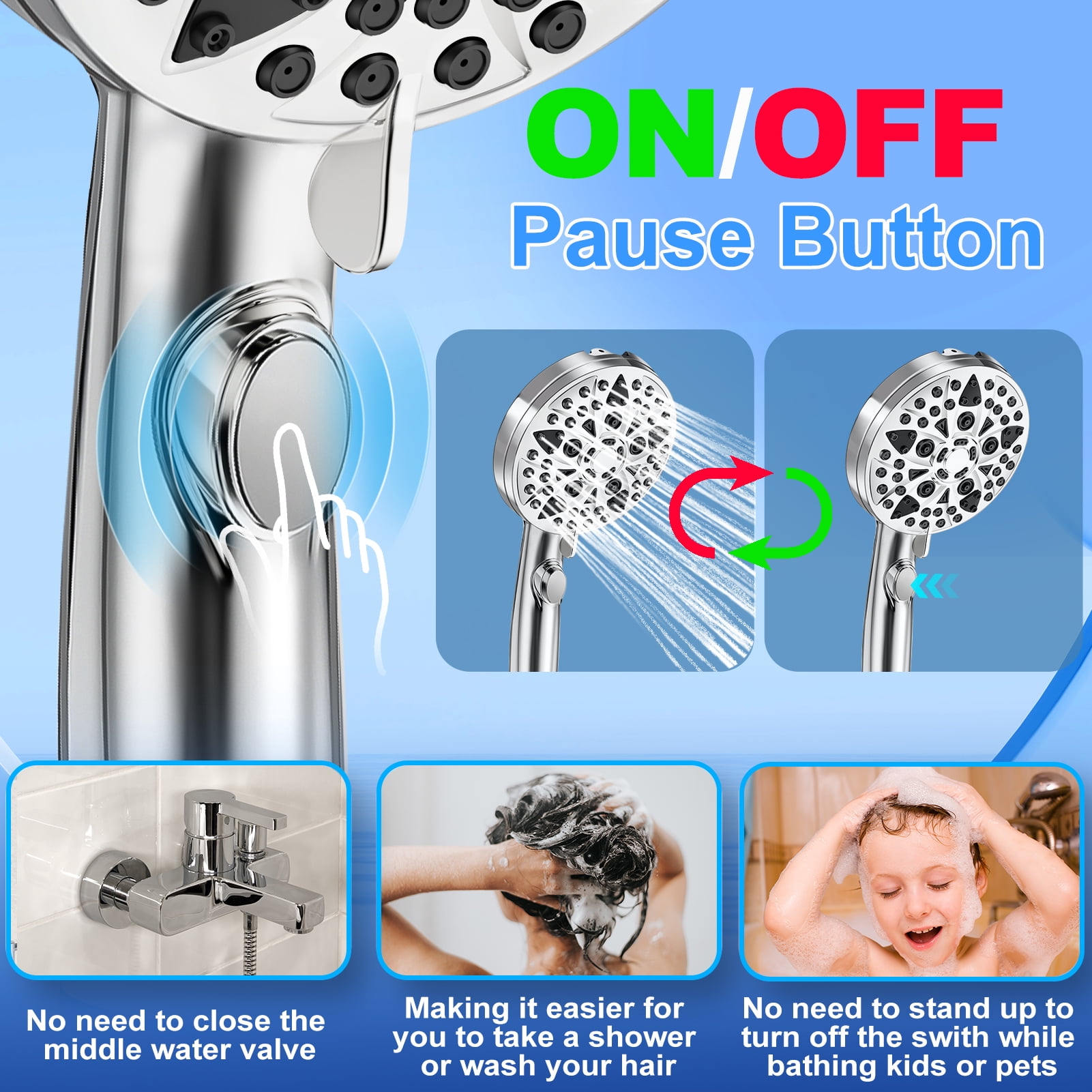 Shower Head - 9-Mode High Pressure Handheld Shower Head with Water Stop Button, Shower Head with Ultra-long Stainless Steel Hose, 9 Spray Settings