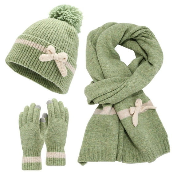 Winter Warm Knitted Scarf Beanie Hat and Gloves Set Men & Women's Soft Stretch Hat Scarf and Mitten Set Green Free