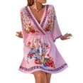 thumbnail image 2 of Women'S V-Neck Floral Print Bell Sleeve Elastic Waist Dress Casual Mini Dress Pink S, 2 of 9