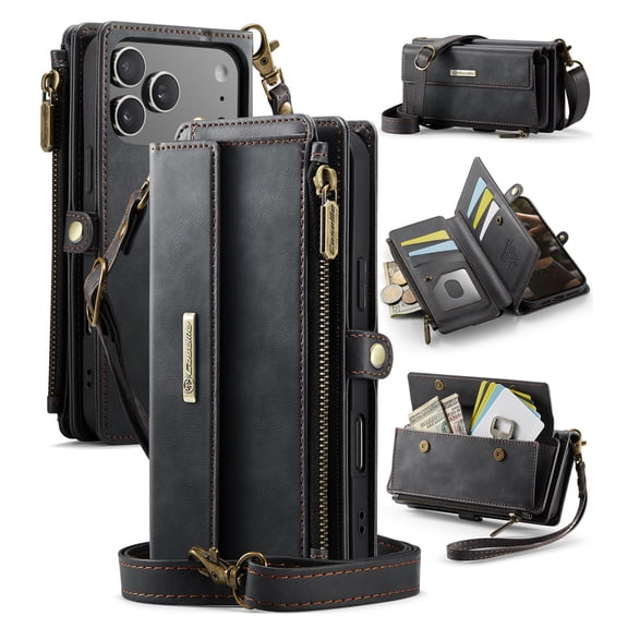 Dteck Zipper Wallet Case for iPhone 18 Pro Max,Shockproof Magnetic Leather RFID Blocking Card Slots Case Stand Bag Cover with Crossbody and Wrist Strap,Black